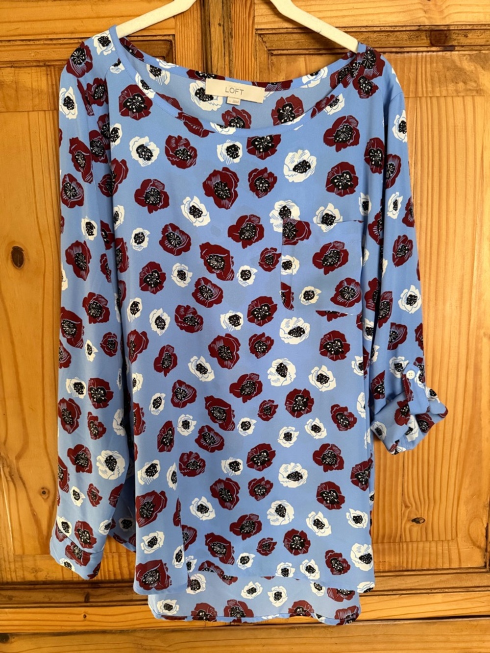 LOFT Light Blue Floral Top with Burgundy and White Blooms